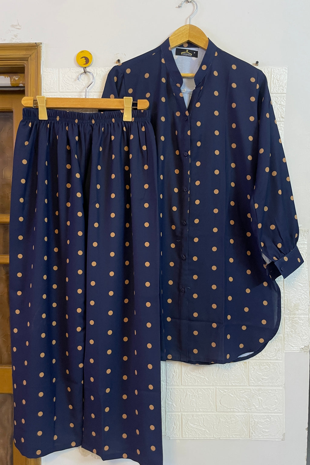 Navy mustard polka