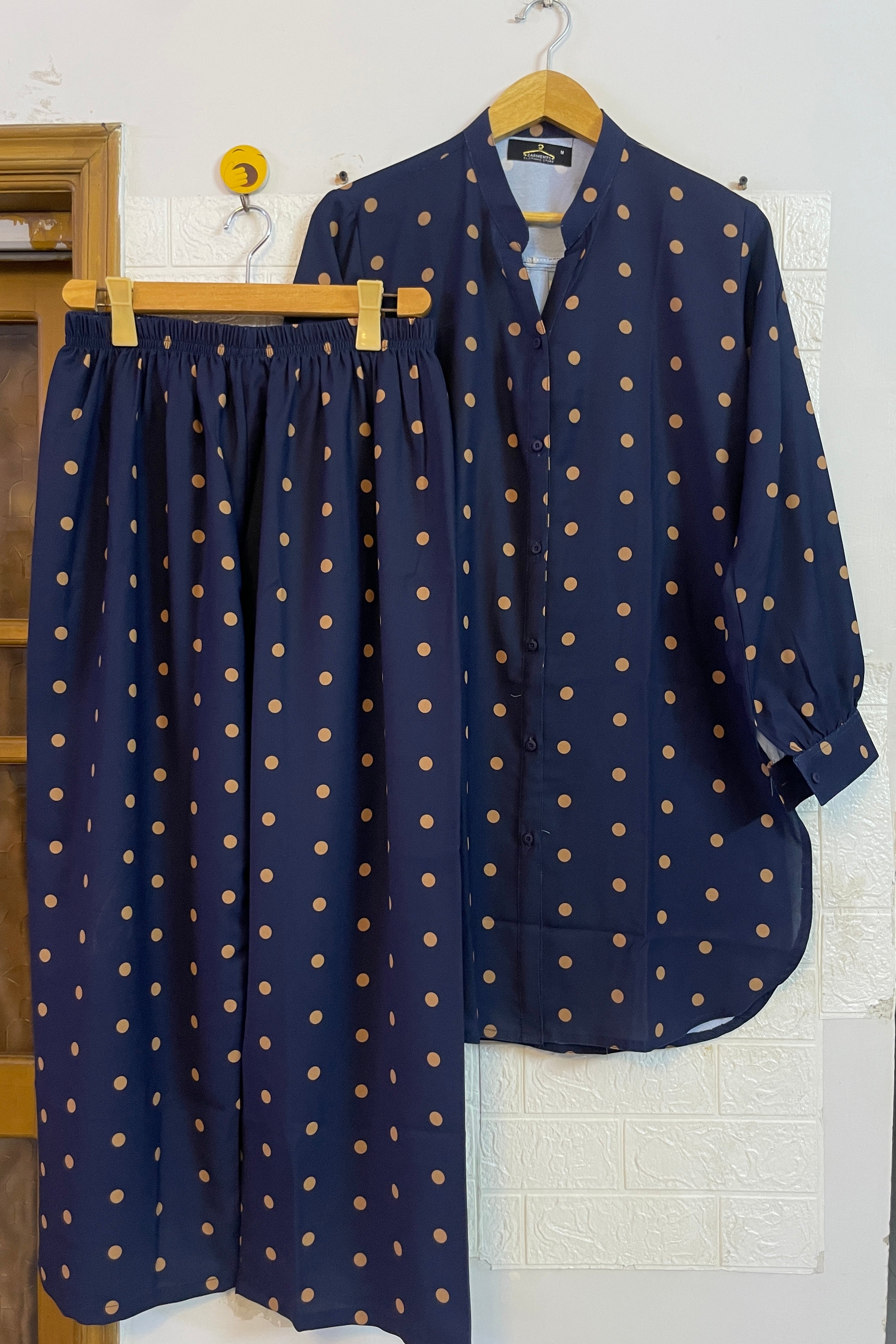 Navy mustard polka
